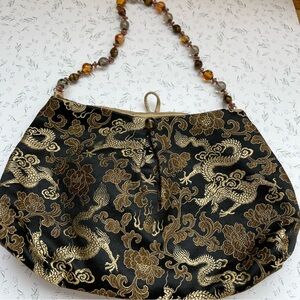Vintage Elegant Black and Gold Dragon Oriental Patterned Women's Silk Bag